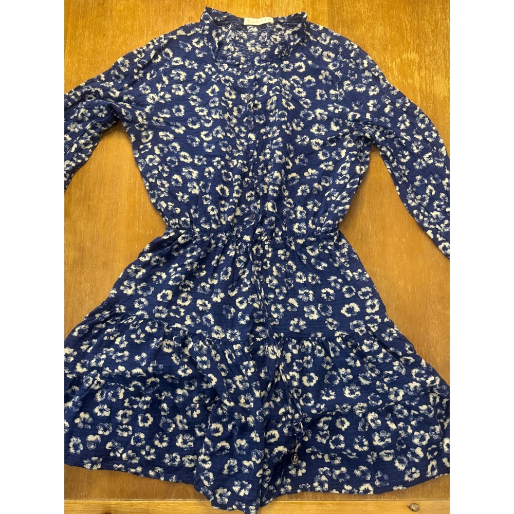Karlie Blue White Floral Mini Dress Button Front Smocked Cuffs Tiered Skirt S